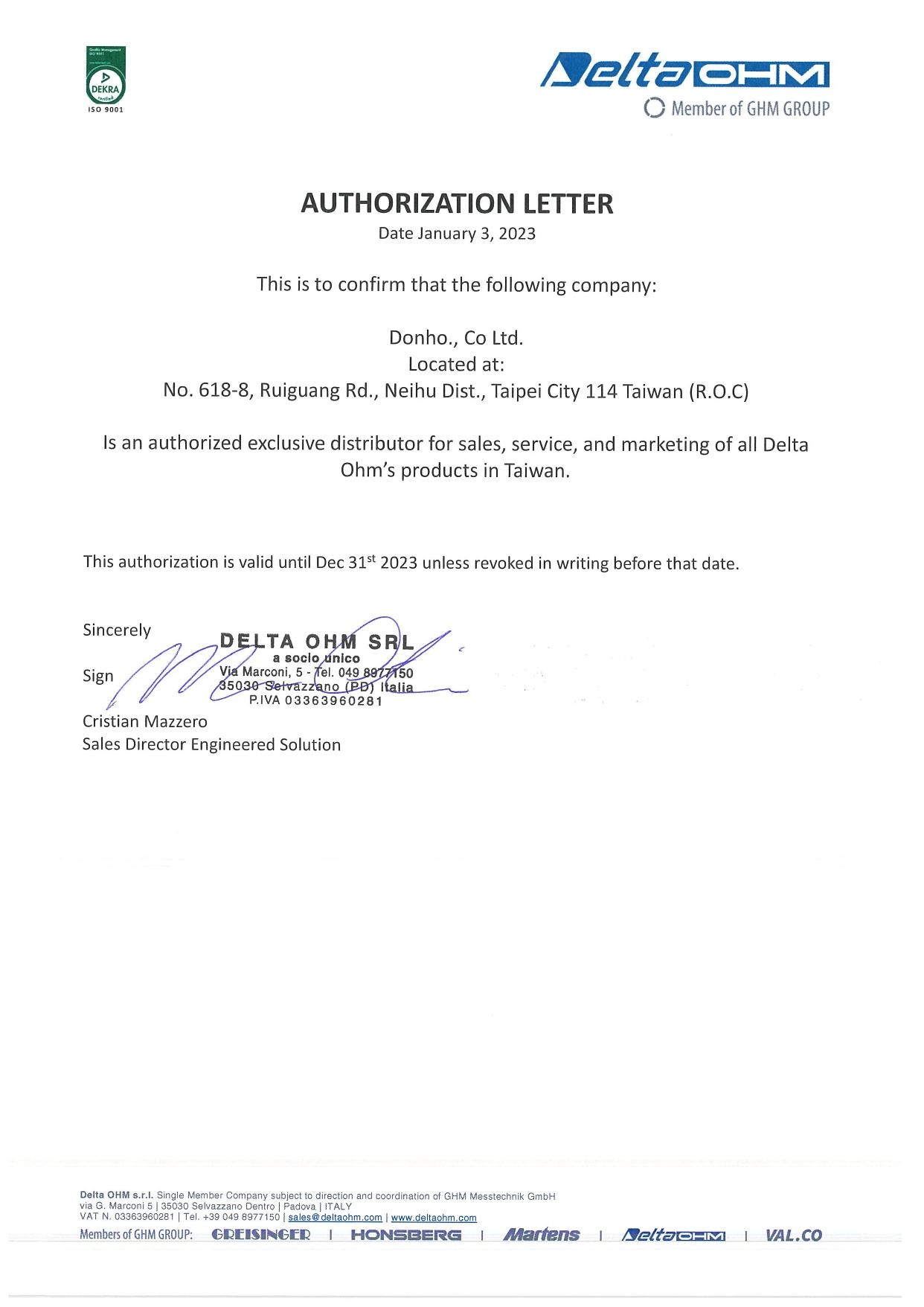Delta OHM 原廠代理證明書