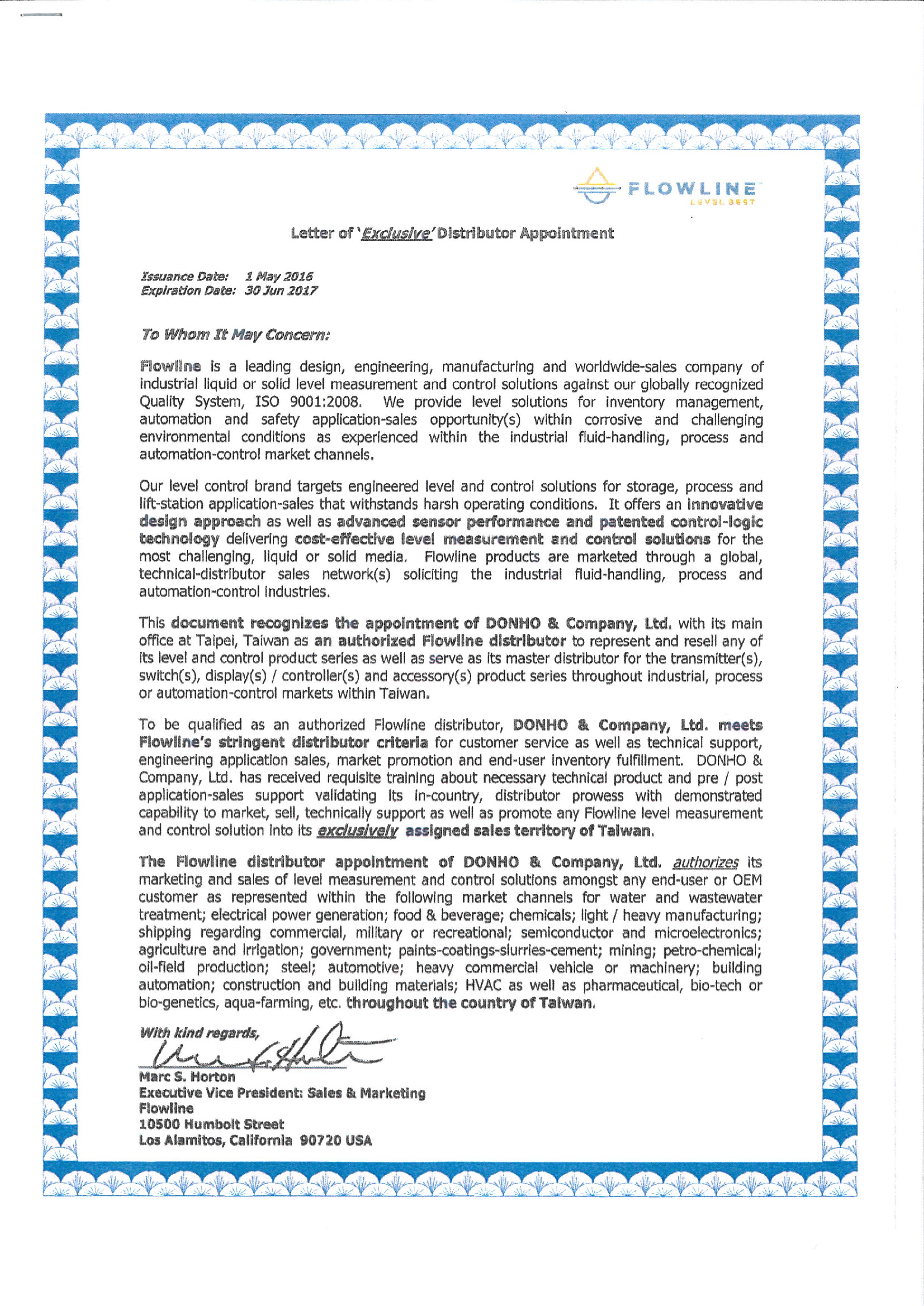 FLOWLINE 代理證明書